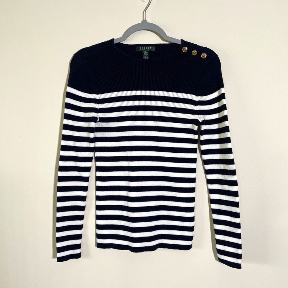 Lauren Ralph Lauren Women's Blue & White Stripe Pullover Sweater Size Medium